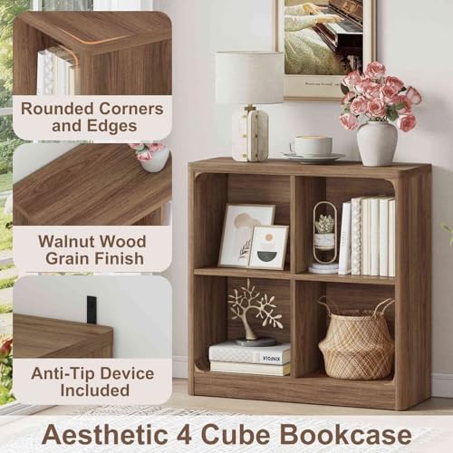 FATORRI Wood TV Stand with Drawers and 4 Cube Bookcase Set of 2, Bookshelf & Entertainment Center with Storage for Living Room, Bedroom, Walnut - Image 7
