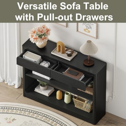 FATORRI Fluted Coffee Table with Storage Shelf & Console Table with 2 Drawers, Modern Farmhouse Wood Coffee Table and Sofa Table for Entryway, Hallway, Living Room (Black) - Image 6