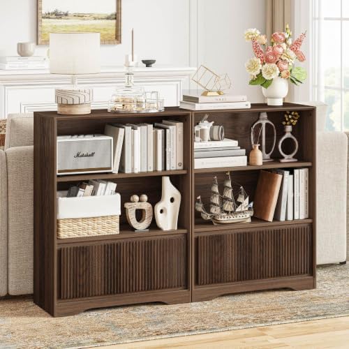 FATORRI Small Bookshelf with Fluted Drawer, 3-Tier Narrow Bookcase for Living Room, Home Office, Short Book Shelf for Small Spaces (Dark Walnut) - Image 4