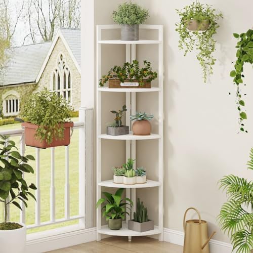 FATORRI Tall Corner Shelf, 5 Tier Modern Corner Bookshelf Stand, Wood and Metal Corner Plant Bookcase for Living Room, Home Office (White Oak) - Image 7