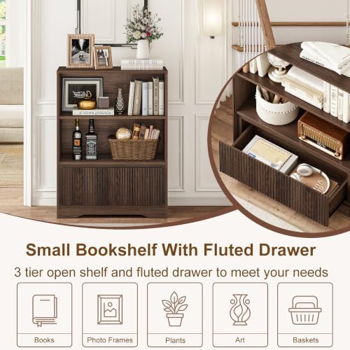 FATORRI Small Bookshelf with Fluted Drawer, 3-Tier Narrow Bookcase for Living Room, Home Office, Short Book Shelf for Small Spaces (Dark Walnut) - Image 6