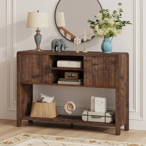 FATORRI Industrial Console Entryway Table with Storage, 43.31 inch Farmhouse Sofa Table Coffee Bar with Fluted Doors and Shelves for Living Room, Dining, Hallway, Kitchen, Rustic Brown - Image 2