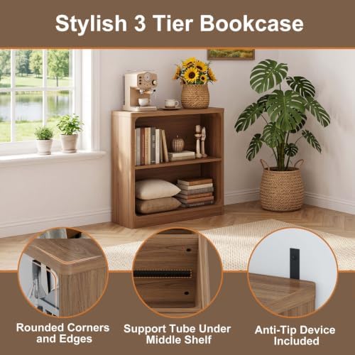 FATORRI Wooden Bookshelf, 2-Tier Compact Open Bookcase with Rounded Corners, Small Floor Standing Display Book Shelf for Living Room, Bedroom, Home Office, Kids' Room (Walnut) - Image 4