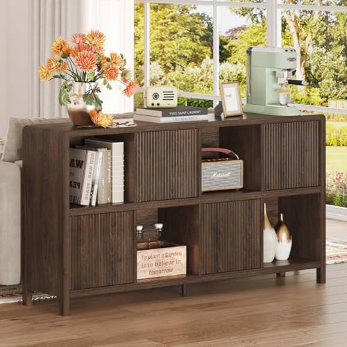 FATORRI 8 Cube Storage Organizer Bookshelf with Storage, Horizontal Bookcase with 4 Doors, Long Wooden Book Shelf for Living Room, Home Office (Dark Walnut) - Image 3
