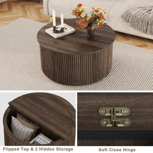 FATORRI Round Coffee Table, Fluted Wooden Center Table, Mid-Century Modern Coffee Tables for Small Space, Living Room, Bedroom (31.5 Inch, Dark Walnut) - Image 7