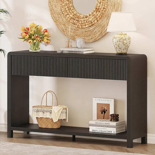 FATORRI Bookcase and Console Table Set, 3-Tier Wood Bookshelf with Fluted Drawer and 47.2" Sofa Table with 2 Drawers, Entryway Table with Storage, Black - Image 3