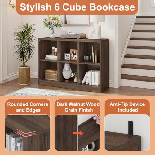 FATORRI 6-Cube Storage Organizer and 3-Tier Bookshelf Set of 2, Open Shelf Bookcase and Cube Bookcase with Rounded Corners for Living Room Bedroom Office, Dark Walnut - Image 4