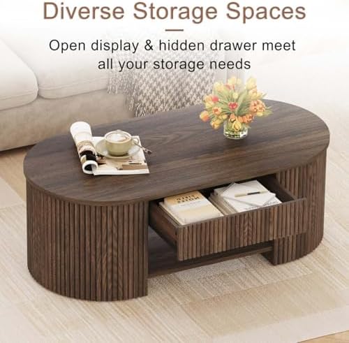 FATORRI TV Stand with Storage and Oval Coffee Table with Drawer for Living Room Bedroom (Dark Walnut) - Image 4