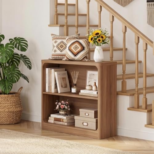 FATORRI Wooden Bookshelf, 2-Tier Compact Open Bookcase with Rounded Corners, Small Floor Standing Display Book Shelf for Living Room, Bedroom, Home Office, Kids' Room (Walnut) - Image 6