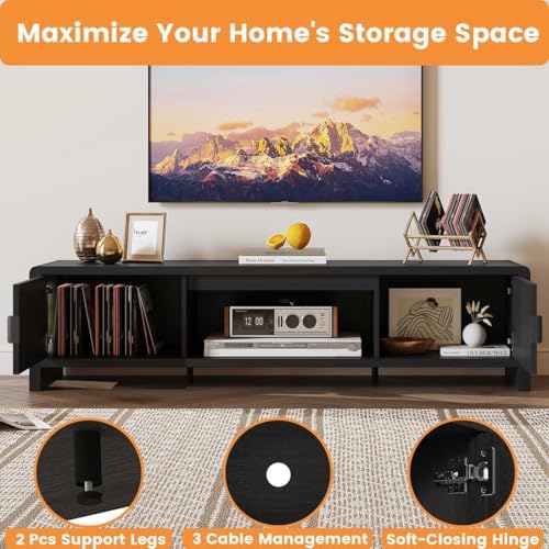 FATORRI TV Stand for 75/65/55 Inch TVs, Mid Century Modern Entertainment Center with Storage, Wooden Television Media Console Cabinet with Fluted-Door for Living Room, Bedroom (63 Inch W, Black) - Image 6
