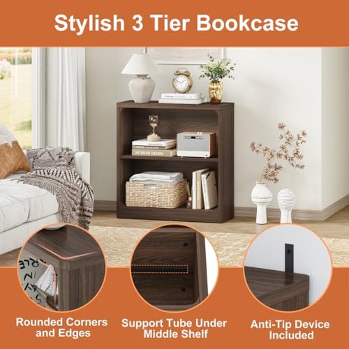 FATORRI 6-Cube Storage Organizer and 3-Tier Bookshelf Set of 2, Open Shelf Bookcase and Cube Bookcase with Rounded Corners for Living Room Bedroom Office, Dark Walnut - Image 5