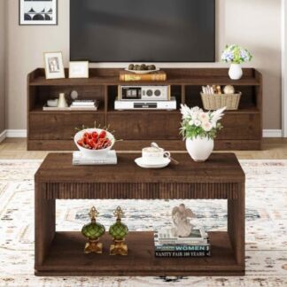 FATORRI Coffee Table and TV Stand Bundle for Living Room, Modern Rustic Brown TV Console Entertainment Center with Storage Shelf, Fluted Rectangular Center Table Set, 2-Piece Furniture Set