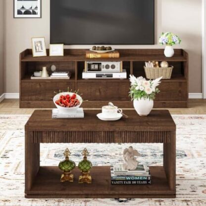 FATORRI Coffee Table and TV Stand Bundle for Living Room, Modern Rustic Brown TV Console Entertainment Center with Storage Shelf, Fluted Rectangular Center Table Set, 2-Piece Furniture Set
