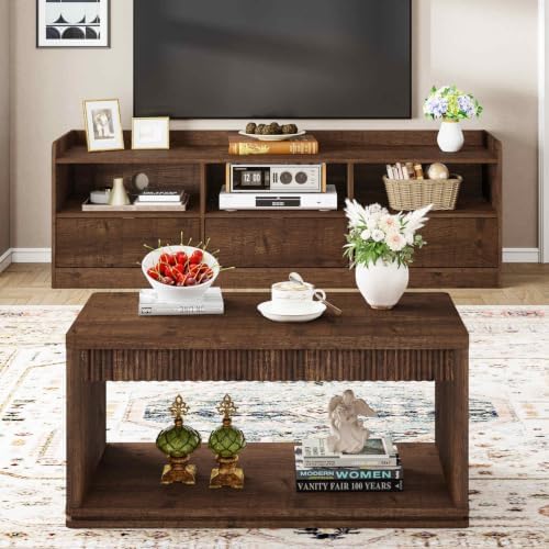FATORRI Coffee Table and TV Stand Bundle for Living Room, Modern Rustic Brown TV Console Entertainment Center with Storage Shelf, Fluted Rectangular Center Table Set, 2-Piece Furniture Set
