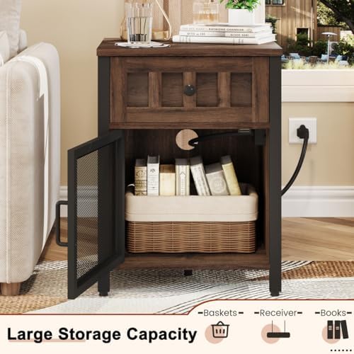 FATORRI End Table with Charging Station, Farmhouse Side Table with Drawer, Rustic Wood and Metal Nightstand and Bedside Tables for Living Room (Rustic Brown) - Image 7