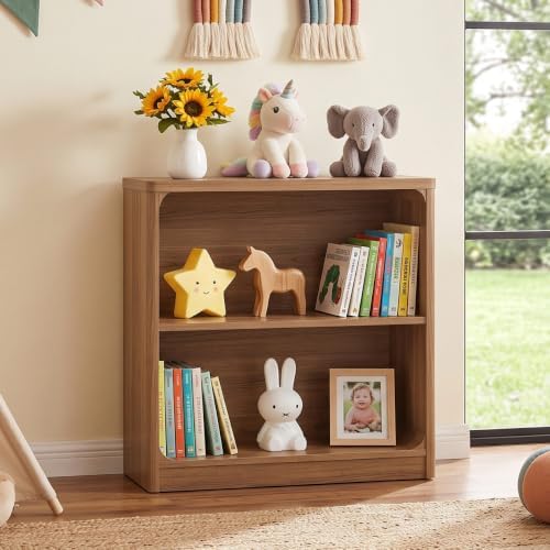 FATORRI Wooden Bookshelf, 2-Tier Compact Open Bookcase with Rounded Corners, Small Floor Standing Display Book Shelf for Living Room, Bedroom, Home Office, Kids' Room (Walnut) - Image 5