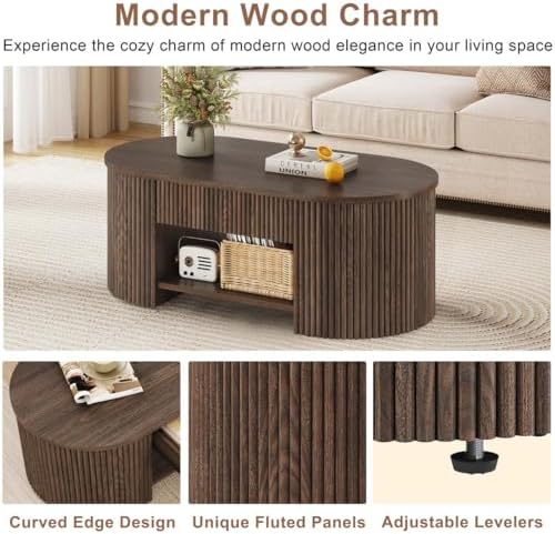 FATORRI Living Room Table Set of 2, Oval Fluted Coffee Table with Storage Shelf & 3-Tier Console Table Behind Couch, Wood Sofa Table and Coffee Table Bundle for Living Room Entryway, Dark Walnut - Image 7
