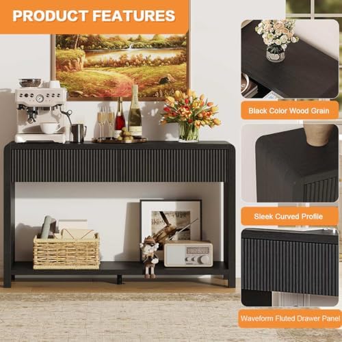 FATORRI Bookcase and Console Table Set, 3-Tier Wood Bookshelf with Fluted Drawer and 47.2" Sofa Table with 2 Drawers, Entryway Table with Storage, Black - Image 4