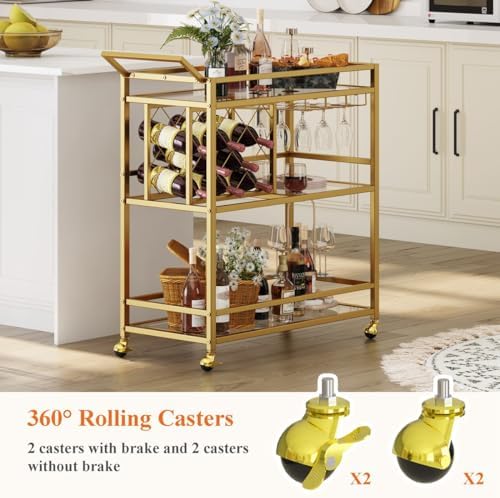 FATORRI Bar Cart Gold, Home Bar Serving Cart with Wine Rack and Glasses Holder, Wine Carts on Wheels with 3 Tier Mirrored Shelves for Liquor and Beverage (Gold) - Image 5
