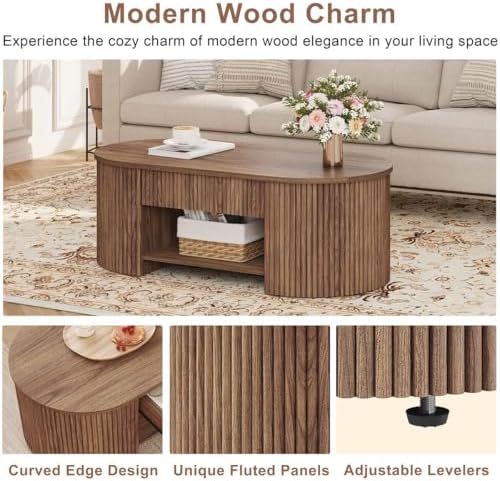 FATORRI Oval Fluted Coffee Table and 3-Tier Bookshelf Set of 2, Coffee Table with Open Bottom Shelf & Bookcase with Rounded Corners for Living Room, Walnut - Image 5