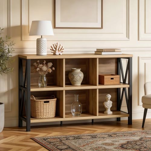 FATORRI 6 Cube Storage Organizer Book Shelf, 47 Inch Horizontal Bookshelf, Wood and Metal Cube Bookcase for Living Room, Home Office (Rustic Oak) - Image 6