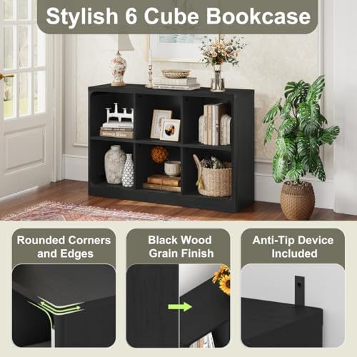 FATORRI 6-Cube Storage Organizer and 3-Tier Bookshelf Set of 2, Open Shelf Bookcase and Cube Bookcase with Rounded Corners for Living Room Bedroom Office, Black - Image 5