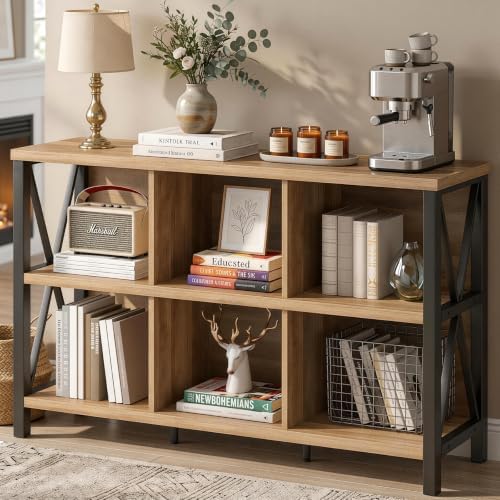 FATORRI 6 Cube Storage Organizer Book Shelf, 47 Inch Horizontal Bookshelf, Wood and Metal Cube Bookcase for Living Room, Home Office (Rustic Oak) - Image 2