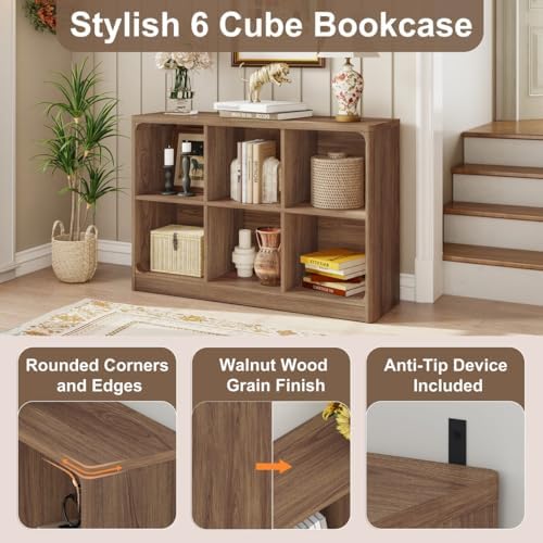 FATORRI Wood TV Stand with Drawers and 6 Cube Bookcase Set of 2, Bookshelf & Entertainment Center with Storage for Living Room, Bedroom, Walnut - Image 7