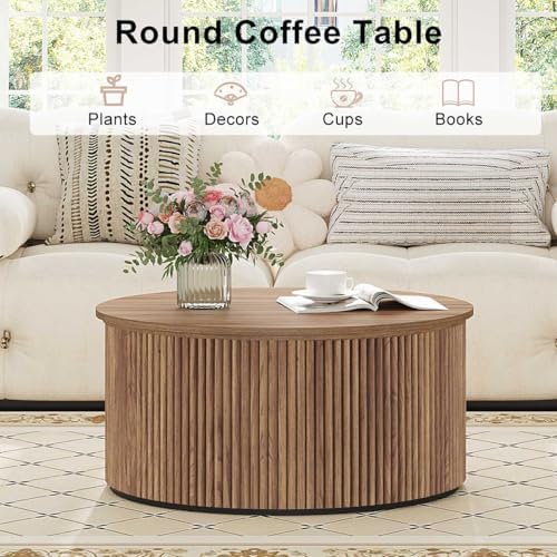 FATORRI TV Stand with Storage and Round Coffee Table for Living Room Bedroom (Walnut) - Image 5