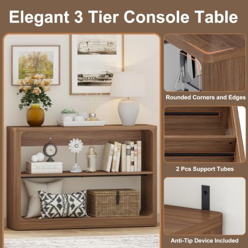 FATORRI Console Table & Bookcase Bundle with Rounded Edges, Walnut Bookshelf and Sofa Table for Living Room, Entryway - Image 4