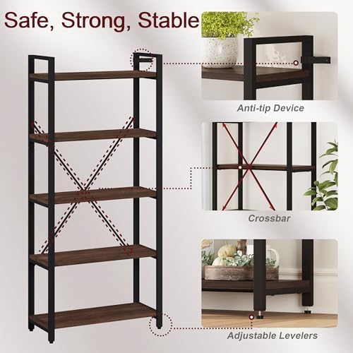 FATORRI 5 Tier Industrial Bookshelf, Rustic Etagere Bookcase for Display, Vintage Shelving Unit Wood and Metal Tall Book Shelves for Home Office (Dark Walnut) - Image 5