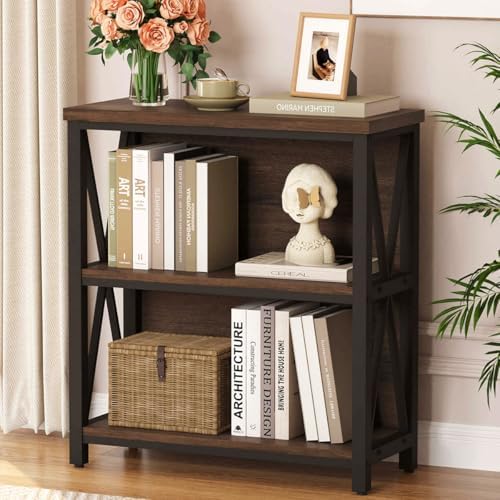 FATORRI Small Bookshelf, Rustic Book Shelf for Small Space, Low Short Bookcase, Industrial Wood and Metal Bookshelf and Bookcase for Living Room (Rustic Brown) - Image 2