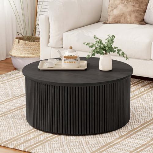 FATORRI Fluted Living Room Furniture Set, 3-Tier Bookshelf with Drawer & 31.5" Round Coffee Table with Hidden Storage, Black - Image 3