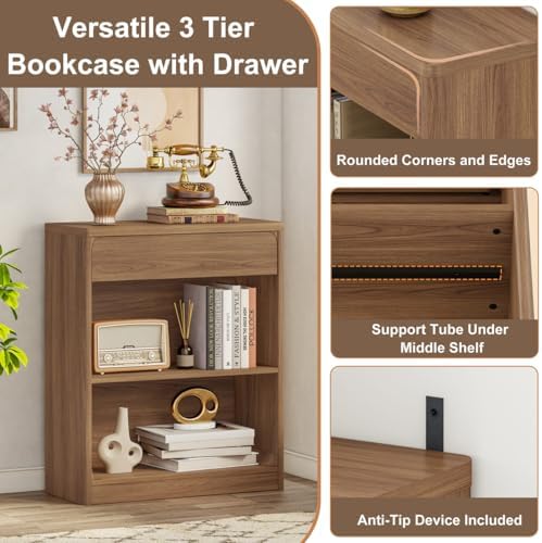 FATORRI Fluted Console Table and 3-Tier Bookshelf Set of 2, Sofa Table with Open Bottom Shelf & Bookcase with Drawer for Living Room Entryway Bedroom, Walnut - Image 6