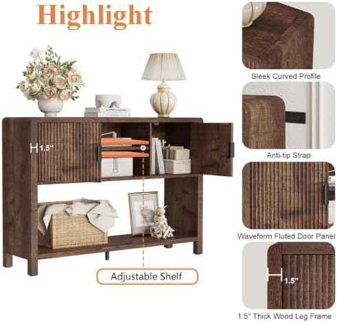FATORRI Industrial Console Entryway Table with Storage, 43.31 inch Farmhouse Sofa Table Coffee Bar with Fluted Doors and Shelves for Living Room, Dining, Hallway, Kitchen, Rustic Brown - Image 5