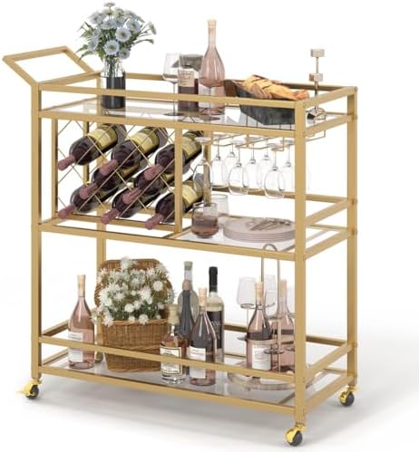 FATORRI Bar Cart Gold, Home Bar Serving Cart with Wine Rack and Glasses Holder, Wine Carts on Wheels with 3 Tier Mirrored Shelves for Liquor and Beverage (Gold) - Image 2