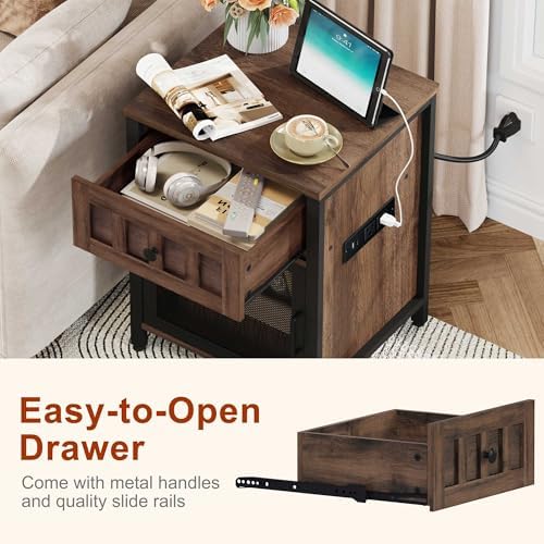 FATORRI End Table with Charging Station, Farmhouse Side Table with Drawer, Rustic Wood and Metal Nightstand and Bedside Tables for Living Room (Rustic Brown) - Image 6