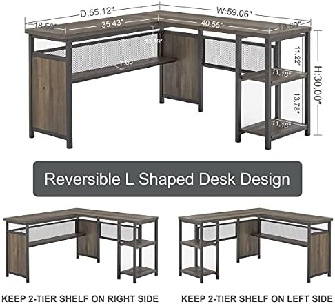 FATORRI L Shaped Desk, Industrial Reversible Home Office Computer Desk with Wood Shelves, Corner Desks with Metal Legs (Walnut Brown, 59 Inch) - Image 4