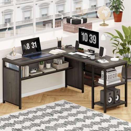 FATORRI L Shaped Desk, Industrial Reversible Home Office Computer Desk with Wood Shelves, Corner Desks with Metal Legs (Walnut Brown, 59 Inch) - Image 7
