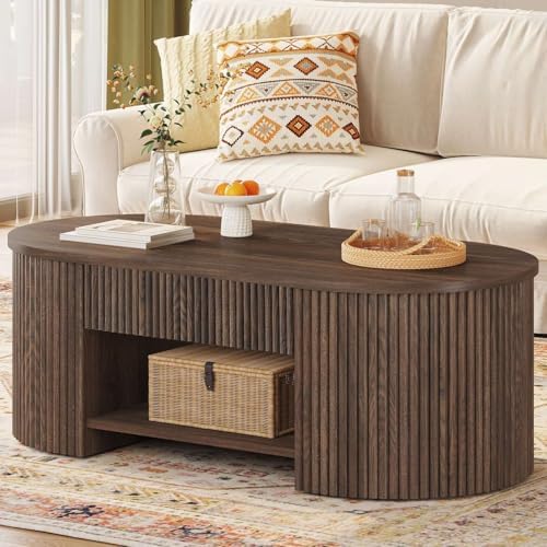 FATORRI TV Stand with Storage and Oval Coffee Table with Drawer for Living Room Bedroom (Dark Walnut) - Image 2