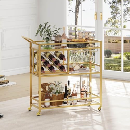 FATORRI Bar Cart Gold, Home Bar Serving Cart with Wine Rack and Glasses Holder, Wine Carts on Wheels with 3 Tier Mirrored Shelves for Liquor and Beverage (Gold) - Image 4