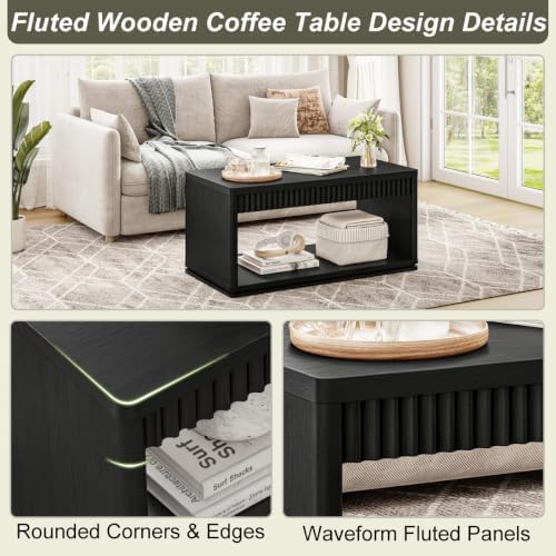 FATORRI Coffee Table and TV Stand Bundle for Living Room, Modern Black TV Console Entertainment Center with Storage Shelf, Fluted Rectangular Center Table Set, 2-Piece Furniture Set - Image 6
