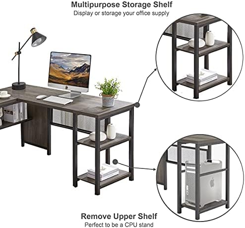 FATORRI L Shaped Desk, Industrial Reversible Home Office Computer Desk with Wood Shelves, Corner Desks with Metal Legs (Walnut Brown, 59 Inch) - Image 6