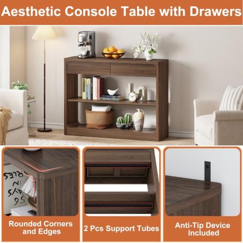 FATORRI Console Table with 2 Drawers, 43.3 Inch Farmhouse Narrow Entryway Table with Storage Shelves, Rustic Sofa Tables Behind the Couch for Hallway, Living Room, Foyer (Dark Walnut) - Image 5