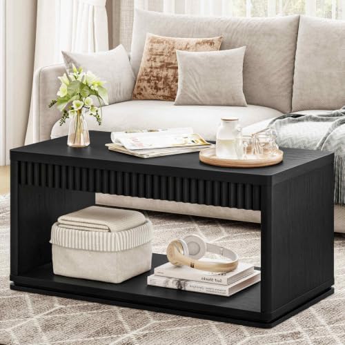 FATORRI Fluted Coffee Table with Storage Shelf & 4-Cube Bookcase, Modern Farmhouse Wood Coffee Table and Storage Organizer for Living Room, Home Office (Black) - Image 7