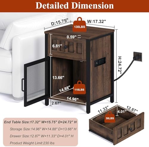 FATORRI End Table with Charging Station, Farmhouse Side Table with Drawer, Rustic Wood and Metal Nightstand and Bedside Tables for Living Room (Rustic Brown) - Image 3