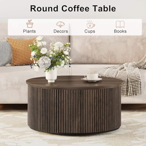 FATORRI Fluted Living Room Furniture Set, 3-Tier Bookshelf with Drawer & 31.5" Round Coffee Table with Hidden Storage, Dark Walnut - Image 5