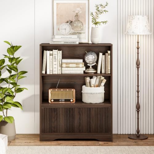 FATORRI Small Bookshelf with Fluted Drawer, 3-Tier Narrow Bookcase for Living Room, Home Office, Short Book Shelf for Small Spaces (Dark Walnut) - Image 7
