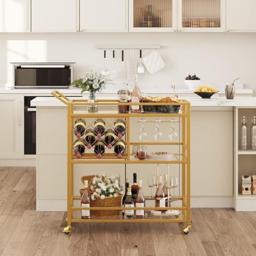FATORRI Bar Cart Gold, Home Bar Serving Cart with Wine Rack and Glasses Holder, Wine Carts on Wheels with 3 Tier Mirrored Shelves for Liquor and Beverage (Gold) - Image 3