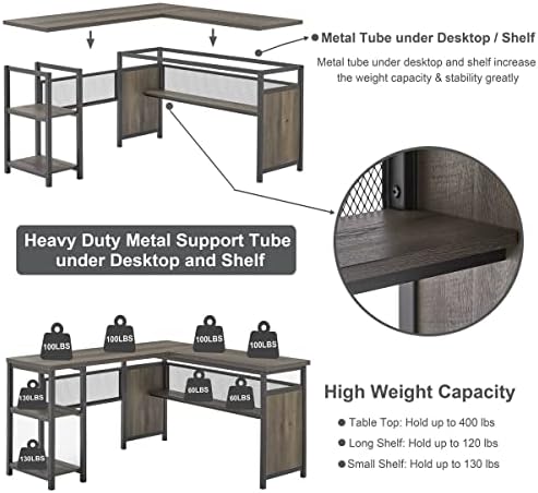 FATORRI L Shaped Desk, Industrial Reversible Home Office Computer Desk with Wood Shelves, Corner Desks with Metal Legs (Walnut Brown, 59 Inch) - Image 5